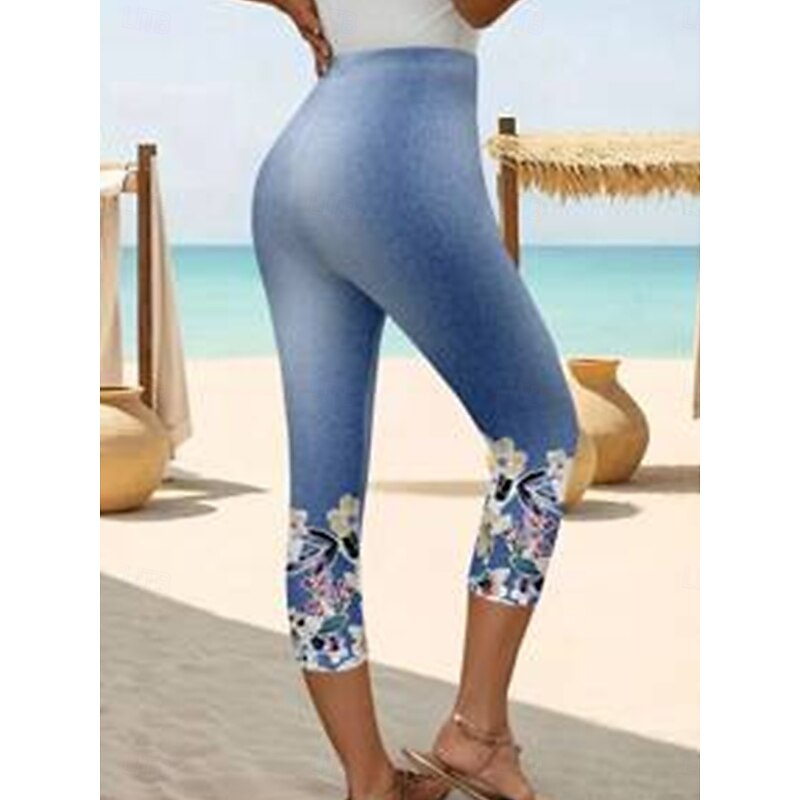 Women's Leggings Capri Pants 3D Print High Elasticity Vintage Fashion Ethnic Style Calf-Length High Waist Floral Graphic Stretchy Vacation Street Causal Robin's Egg Blue White Summer Spring Slim Fit3