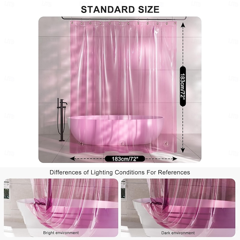 Shower Curtain Liner, Plastic Shower Liner PEVA 183cm*183cm 72x72" Lightweight Waterproof Shower Curtains for Bathroom with Magnets and Rustproof Grommets, Clear Pink2