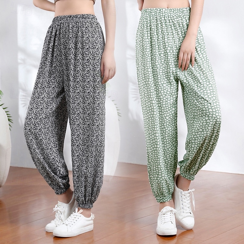 Women's Slacks Casual Boho Full Length Natural Flower Printing Comfy Outdoor Vacation Going out Black Grey Black & White Black and White Black Summer Regular Fit