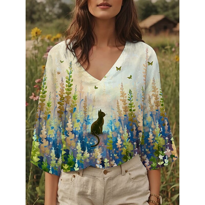 Women's Blouse Floral Graphic Cat Stylish Casual 3/4 Length Sleeve V Neck Regular Tops Daily Yellow Blue Purple Summer Spring2