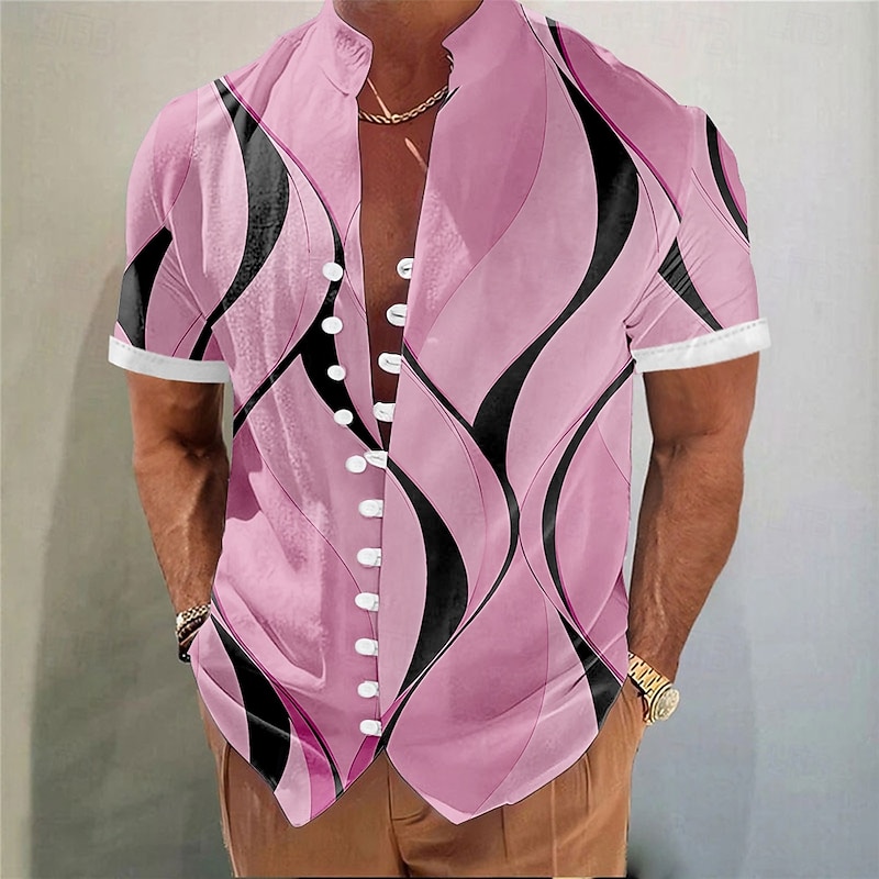 Men's Geometric Lines / Waves Shirt Button Up Shirt Stand Collar Shirt Short Sleeve Fashion Casual Vacation Daily Summer Spring Mandarin Collar 3D Print Linen Like Shirt White Pink Blue Green Khaki4