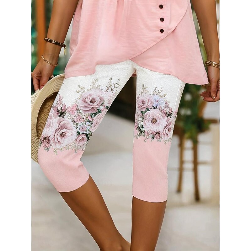 Women's Leggings Vacation Vintage Fashion Calf-Length High Waist Floral Graphic Printing Breathable Soft Stretchy Outdoor Vacation Causal Light Pink White-Blue Light Purple Summer Spring Slim Fit