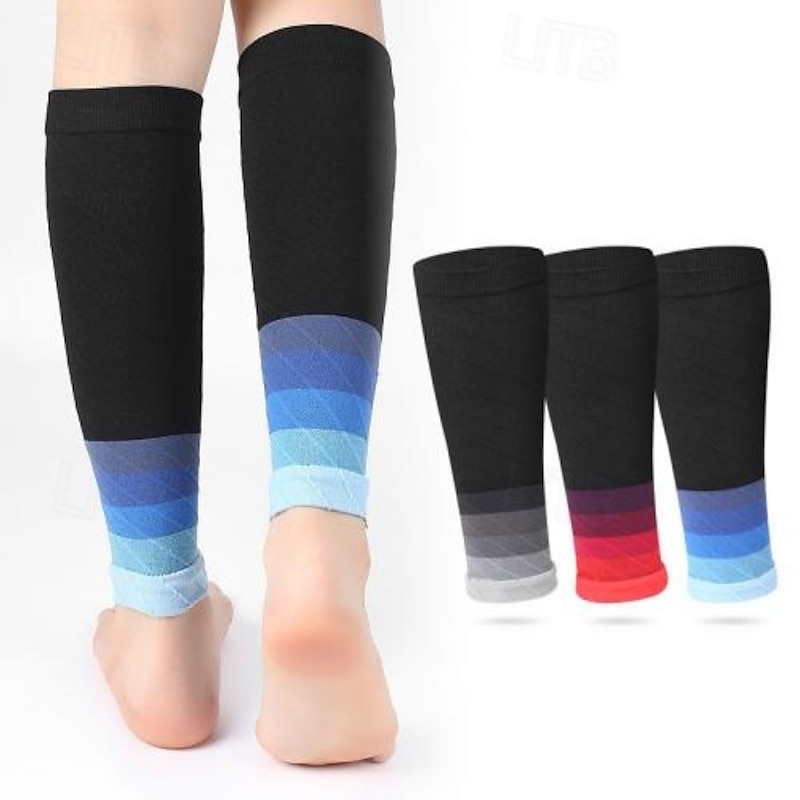 3 Pairs Calf Compression Socks for Men and Women, Gradient Blue Sports Leg Sleeves for Running, Hiking, Gym, Cycling, Football, Breathable Support