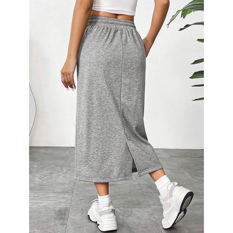 Women's Skirt Solid Color Fashion Casual Maxi High Waist Skirts Plain Pocket Stretchy Street Daily Black Gray Summer Polyester2