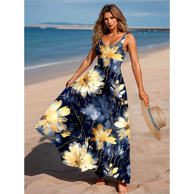Women's Maxi Dress A Line Dress Off The Shoulder Dress Vacation Casual Beach Party Regular Fit Floral Graphic Sleeveless Square Neck Scoop Neck Ink Blue Summer Spring
