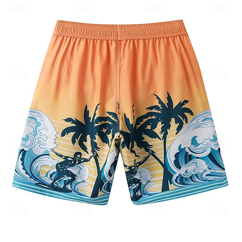 Men's Shorts Beach Shorts Drawstring Pocket Elastic Waist Graphic Leaf Tree Quick Dry Outdoor Knee Length Outdoor Vacation Home Vacation Ethnic Style Lake blue Dark Blue / Red Micro-elastic4