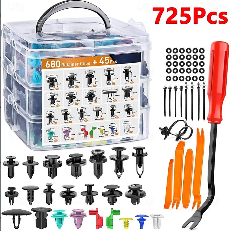 725Pcs Car Fastener Clips Set with Trim Removal Tool, Retainer Push Rivet Clips Assortment for Bumper Fender Door Panel, Universal Automotive Plastic Clips Kit