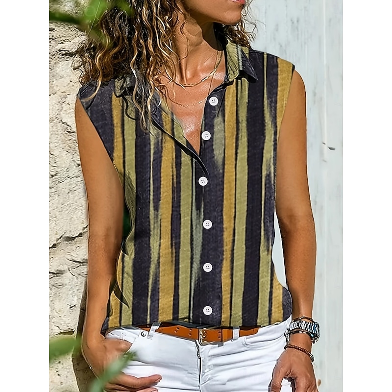 Women's Camisole Tank Top Striped Daily Casual Sleeveless V Neck Regular Tops Daily Buttons Print Yellow Red Blue Summer Spring4