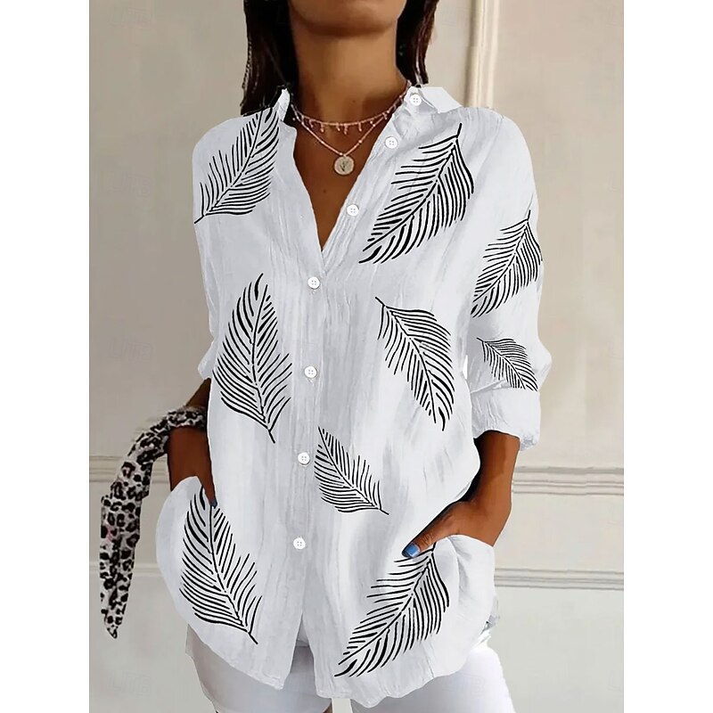 Women's Shirt Button Down Tunic Shirt Collar Long Sleeve Graphic Geometric Striped Daily Stylish Modern Regular Tops Work Daily s Print White Pink Navy Blue Spring2