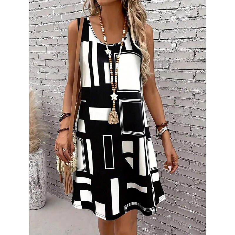 Women's Mini Dress Sundress A Line Dress Summer Dress Vacation Casual Regular Fit Graphic Geometric Abstract Sleeveless U Neck Black And White Summer Spring