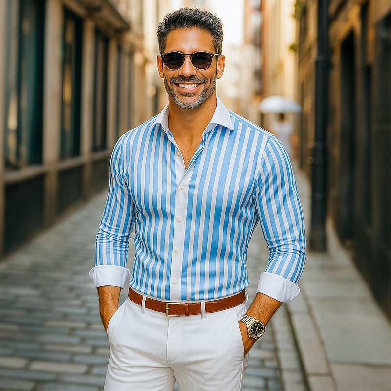 Men's Shirt Satin Shirt Striped Shirt Casual Shirt Button Up Shirt Striped Wedding Vacation Blue Long Sleeve Collar Spring &  Fall Clothing Apparel