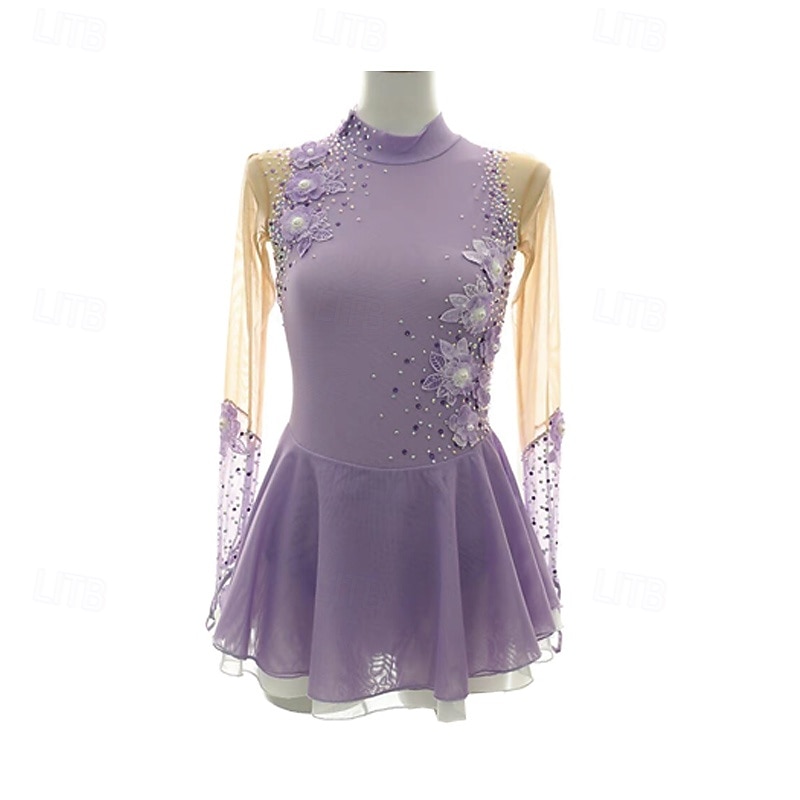 Figure Skating Dress Women's Girls' Ice Skating Dress Light Purple Patchwork Thumbhole Mesh Spandex Stretchy Training Practice Professional Skating Wear Thermal Warm Crystal / Rhinestone Long Sleeve