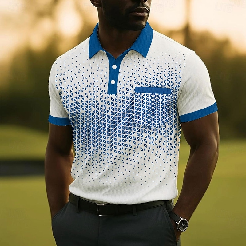 Men's Geometric Pattern Polo Short Sleeve Polo Shirts Collared Shirts Business Casual Outdoor Athleisure Daily Wear Buttons Pocket Summer White Blue Purple2