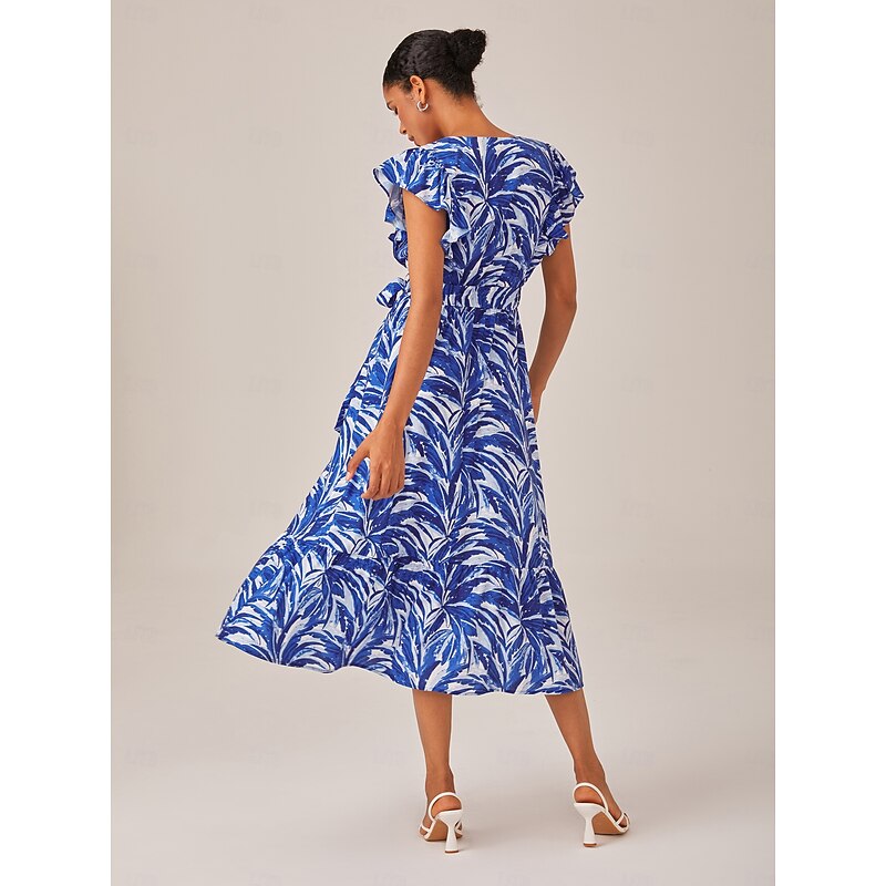 Petite Leaf Print Drawstring Rufle Sleeve Midi Dress3