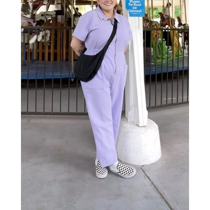 Women's Normal Cotton Linen Pants Streetwear Solid Color Short Sleeve Shirt Collar Zipper Going out Weekend Regular Fit Black Pink Blue Summer