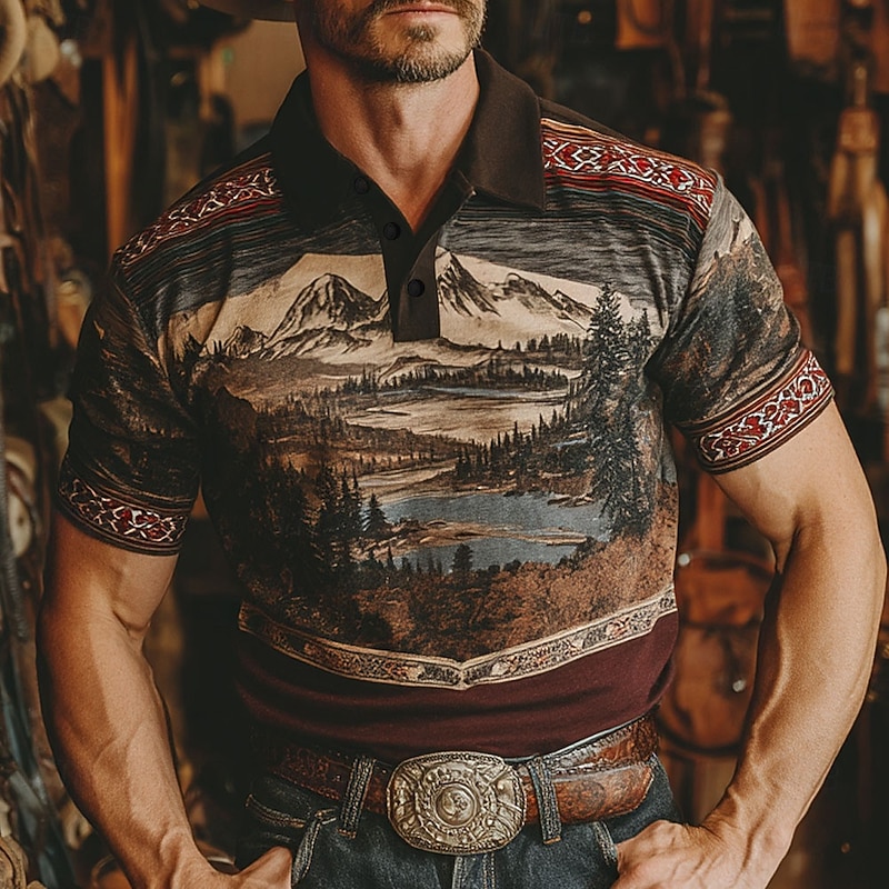 Men's Tree Mountain Polo Short Sleeve Polo Shirts Collared Shirts Western Style Outdoor Athleisure Daily Wear 3D Print Summer Brown
