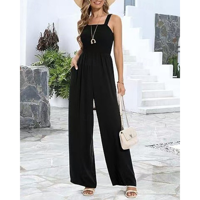 Women's Normal Jumpsuit Streetwear Solid Color Sleeveless U Neck Pocket Street Daily Regular Fit Black Wine Navy Blue Summer3