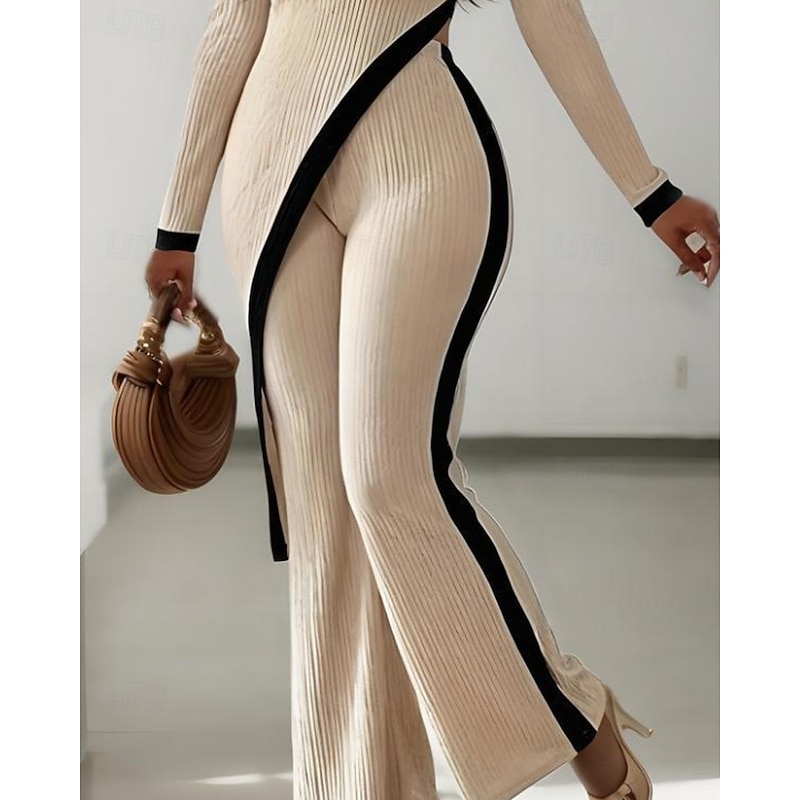 Women's Active Fashion Blouse Pants Sets Long Sleeve Crew Neck Color Block Patchwork Outdoor Vacation Going out Beige Summer Regular Fit3