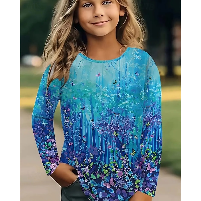 Girls' 3D Floral Butterfly T shirt Tee Long Sleeve Spring Fall Fashion Basic Kids 4-12 Years Crew Neck Outdoor Casual Daily Regular Fit2