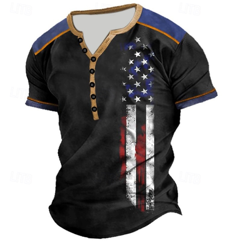 Men's Graphic Prints US Flag T Shirt Henley Shirt Short Sleeve Sports Fashion Designer Outdoor Street Casual Summer Black Henley Henley T-Shirt