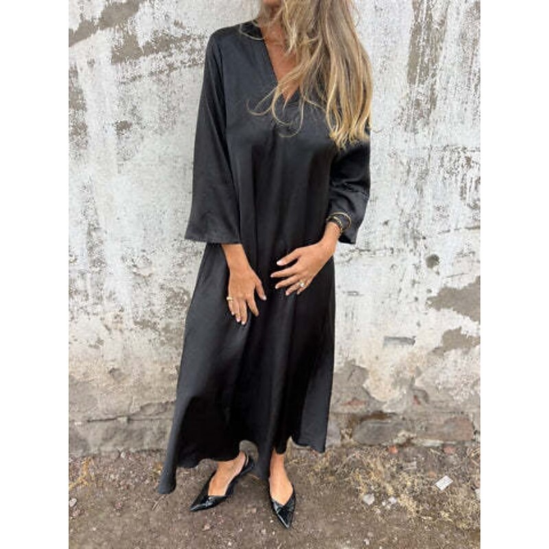 Women's Long Dress Maxi Dress Poly-Cotton Linen Texture Dresses Casual Dress Summer Dress Classic Modern Daily Weekend Regular Fit Plain 3/4 Length Sleeve V Neck Black Light Brown Grey Summer3