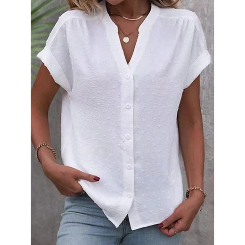 Women's Shirt Button Down Blouse Solid Color Stylish Casual Short Sleeve Notched Neck Regular Tops Daily Buttons White Summer