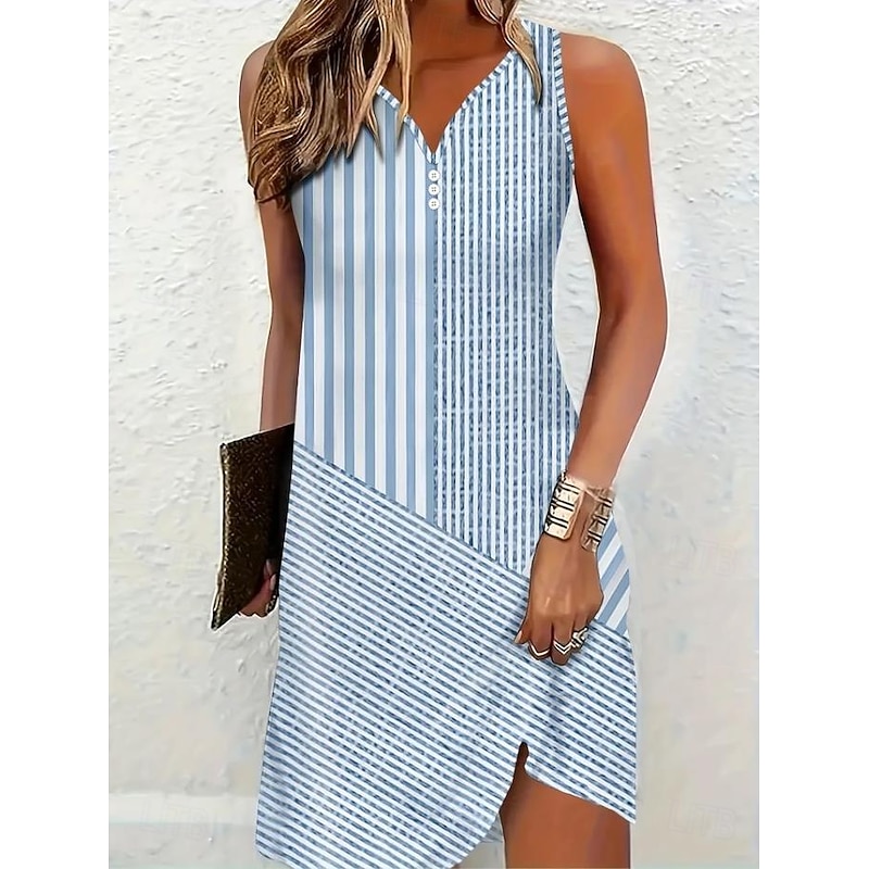 Women's Mini Dress T Shirt Dress Tee Dress Summer Dress Casual Daily Holiday Regular Fit Graphic Geometric Striped Sleeveless V Neck Pink Blue Green Gray Summer