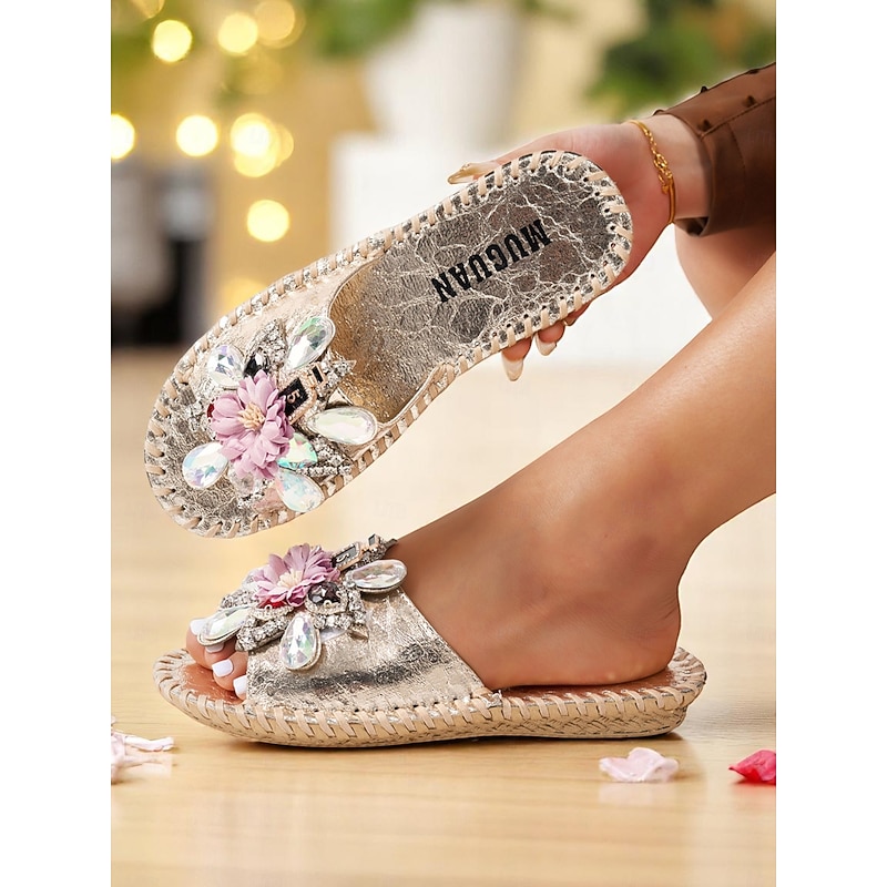 Women's Gold Rhinestone Embellished Flat Slide Sandals – Floral Crystal Espadrille Slip-Ons for Summer Beach Weddings and Vacation Outfits
