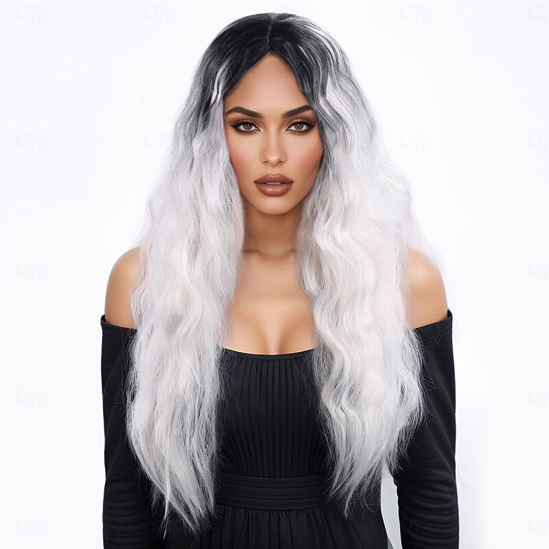 Synthetic Wig Wavy Deep Wave Layered Haircut With Bangs Machine Made Wig 28 inch A1 Synthetic Hair Women's Classic Comfortable Color Gradient White4