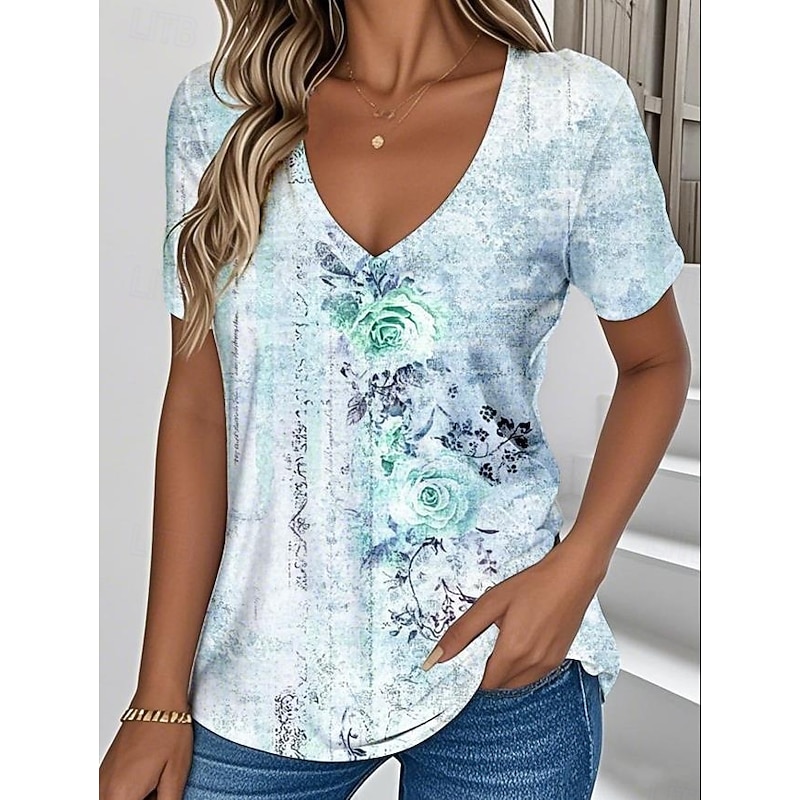 Women's T Shirt Floral Graphic Vintage Stylish Classic Short Sleeve V Neck Regular Tops Daily Print Blue Purple Green off-white Summer Spring2