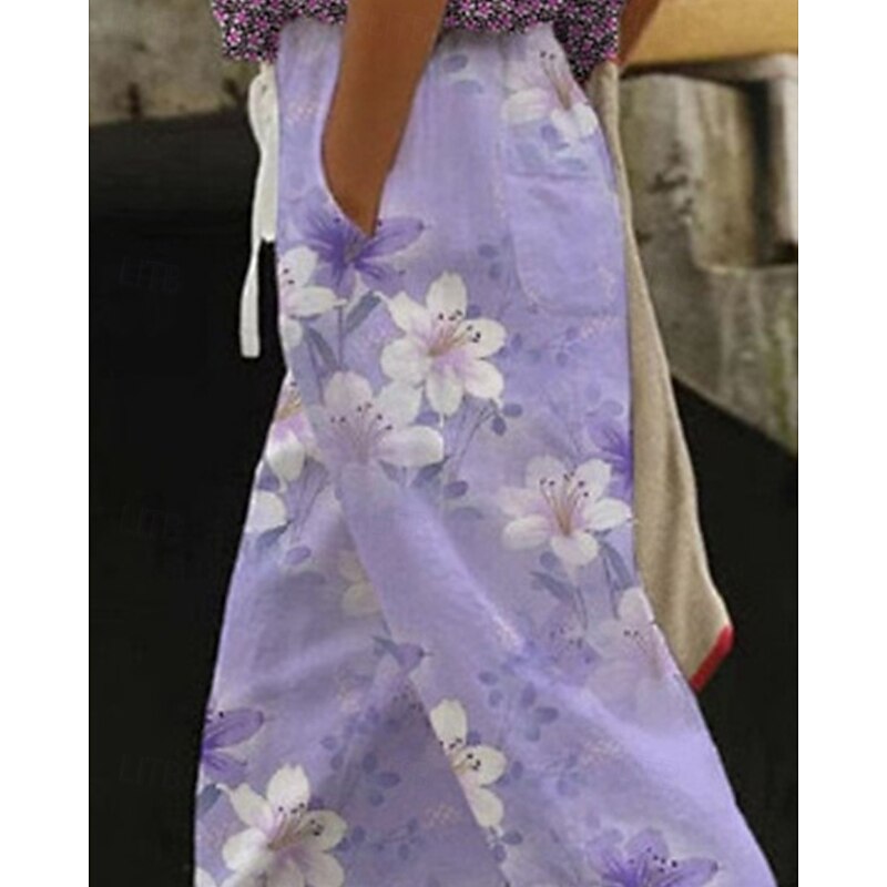 Women's Linen-Inspired Pants Cropped Pants Harem Pants Streetwear Boho Ankle-Length Mid Waist Flower Elastic Waist Breathable Comfortable Micro-elastic Outdoor Daily Wear Purple Summer Regular Fit2