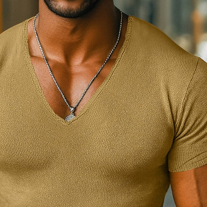 Men's T Shirt Knit Tee Tee Top Short Sleeve V Neck Summer Solid Color Fashion Designer Basic Knitted Vacation Street Casual Light Blue Yellow Beige Top Tee for Men2