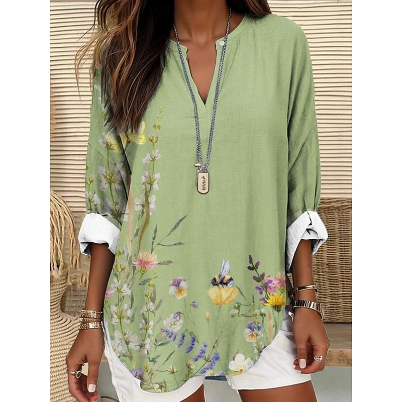 Women's Blouse Tunic V Neck Long Sleeve Boho Casual Tops Summer Tops Floral Graphic Vintage Tropical Regular Tops Daily Wear Print Navy Blue Blue Purple Green Beige