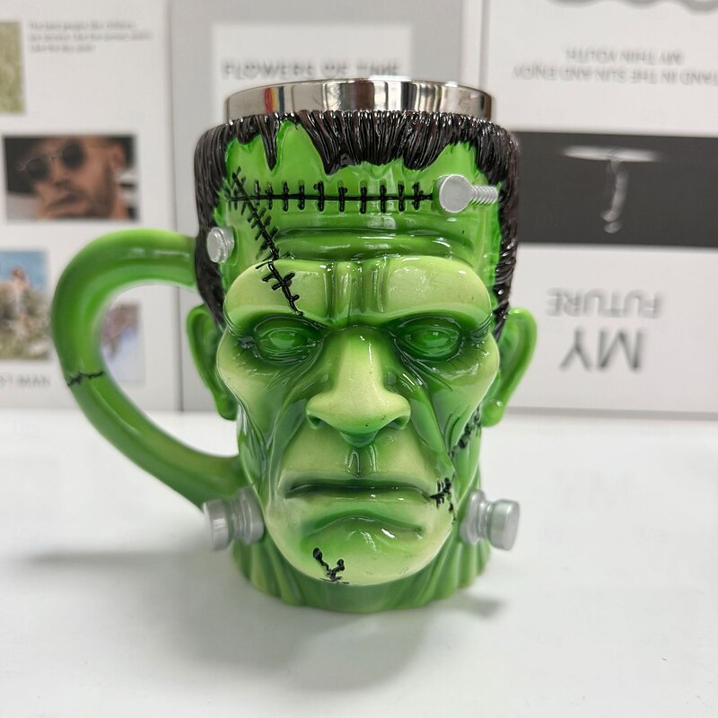 Frankenstein Mug Halloween Monster Coffee Cup, 3D Horror Resin Novelty Drinkware with Stainless Steel Liner, Spooky Gift for Men Women, Gothic Home Bar Decor