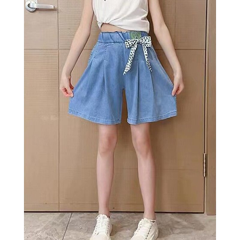 Kids Girls' Shorts Solid Color Streetwear Tie Knot School 4 years+ Summer Light Blue4