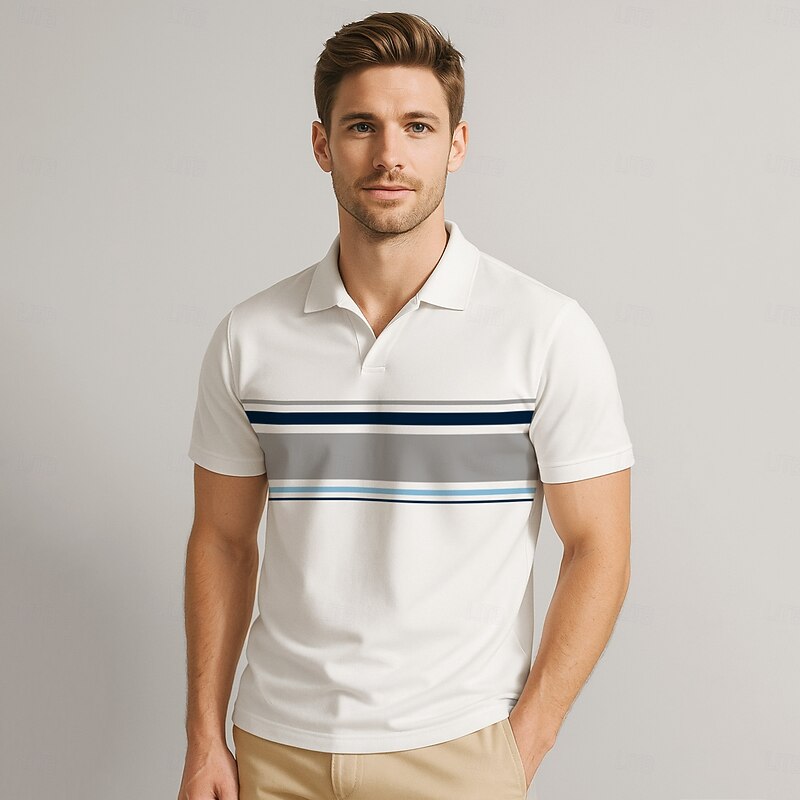 Men's Polo Work Business Seagull collar Short Sleeve Vacation Vintage Color Block Striped Color Block Stripe Summer Spring Black White Navy Blue Polo3