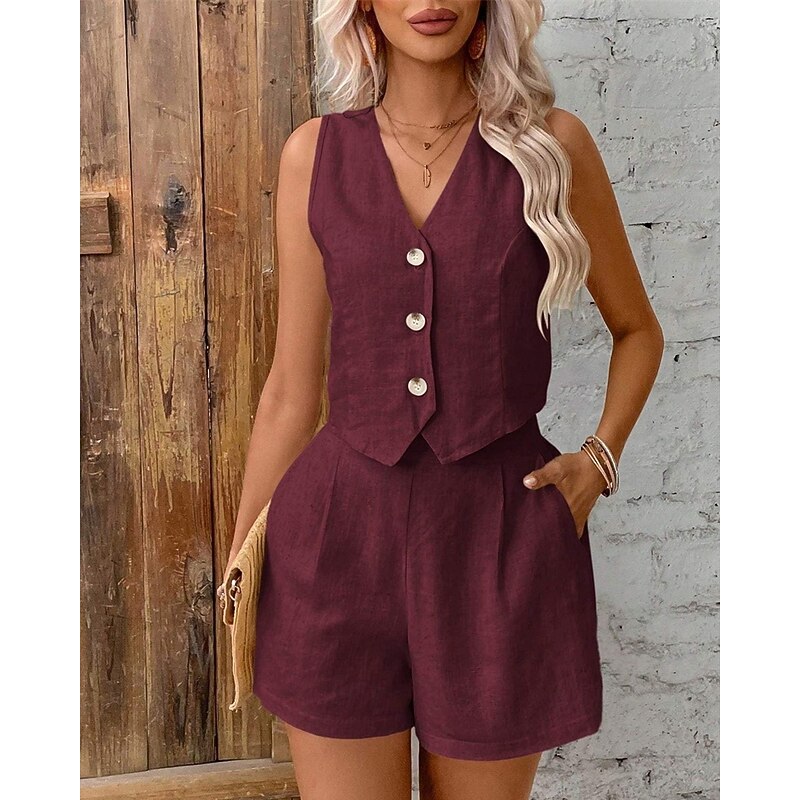 Women's Fashion Streetwear Cotton Linen Sets Shorts Sets Sleeveless V Neck Plain Daily Wear Date Wine Dark Navy Khaki Summer Regular Fit