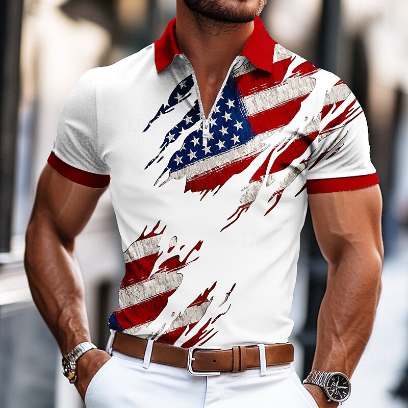 Independence Day Men's American US Flag Zip Polo Short Sleeve Turndown Casual / Sporty Casual Daily Festival 3D Print Graphic Summer Black White Blue