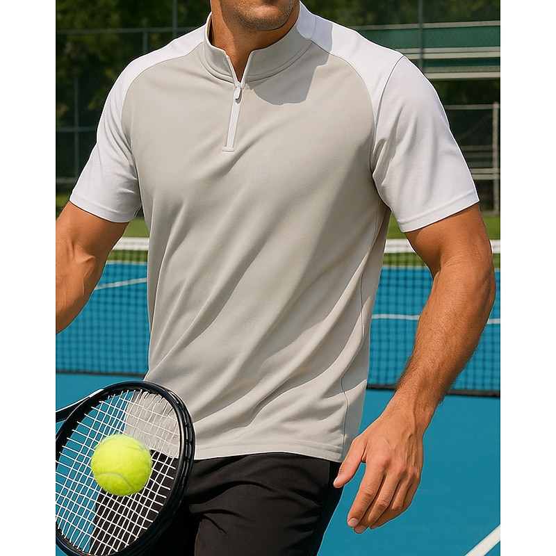 Men's Patchwork Tennis Top Short Sleeves Patchwork Quick Dry Breathable Tennis Golf Pickleball Zip Collar White Green Khaki Tennis Clothing3