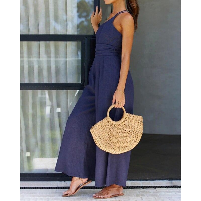 Women's Normal Jumpsuit Streetwear Solid Color Sleeveless One Shoulder Backless Street Daily Regular Fit Light Green Blue Green Summer2