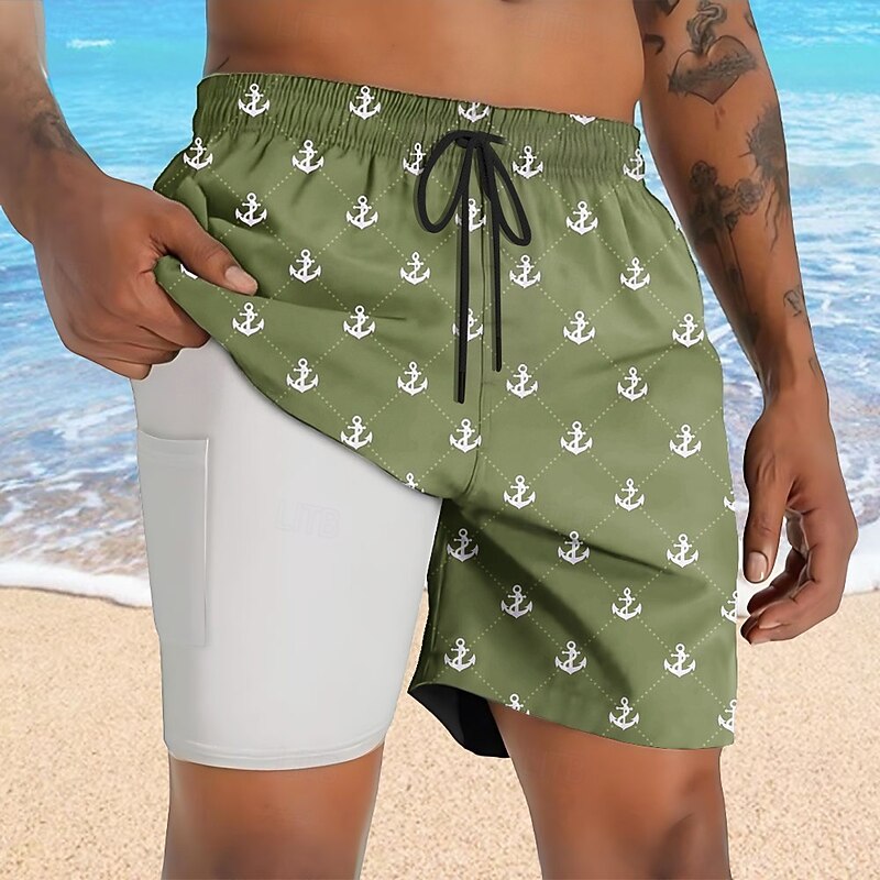 Men's Nautical Anchor Lined Shorts 2 in 1 Board Shorts Swim Shorts Mid Waist Hawaiian Vacation Holiday Beach Wear Side Pockets With Compression Liner Elastic Drawstring Waist Designer Clothing Apparel3