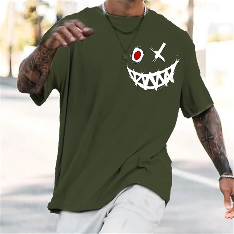 Mens Edgy Stitched Smiley Face Graphic Short Sleeve T-Shirt Casual Top4