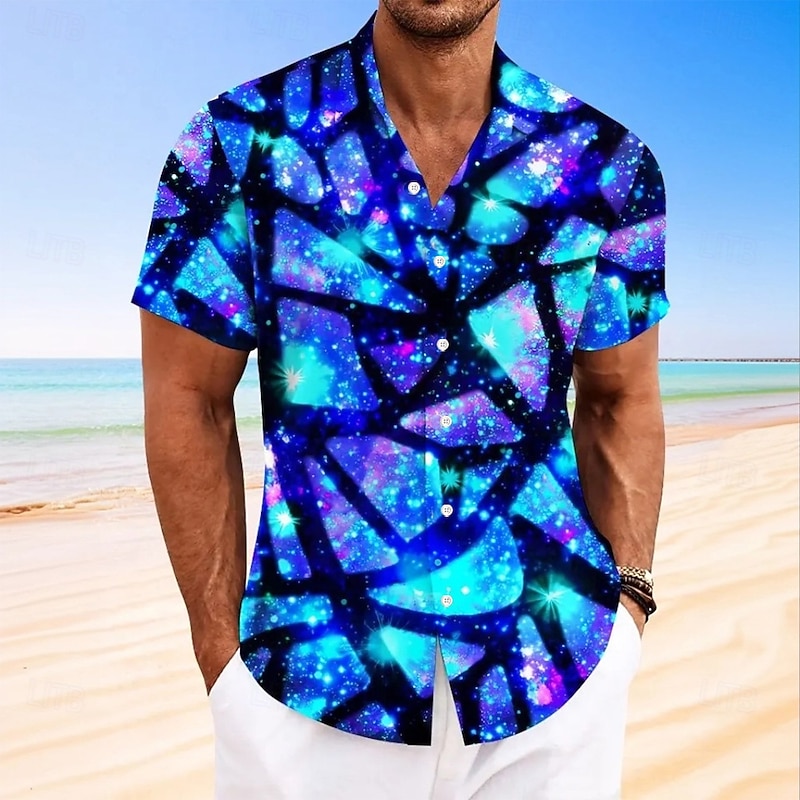 Men's Geometric Galaxy Star Print Shirt Summer Shirt Button Up Shirt Short Sleeve Fashion Casual Outdoor Vacation Dailywear Summer Spring Turndown 3D Print Collared Shirts Blue