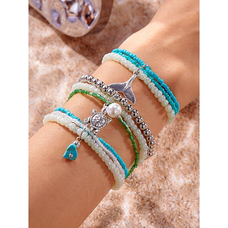 Turtle and Whale Tail Beaded Bracelet Set for Women  Ocean-Inspired Jewelry with Pearl, Turquoise, and Silver Accents  Perfect for Beach, Summer and Bohemian Style