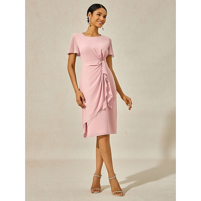 Women's Wedding Guest Cocktail Dress Chiffon Twisted Knot Elegant Formal Layered Midi Dress Crew Neck Short Sleeve Butterfly Sleeve Dark Blue Color2