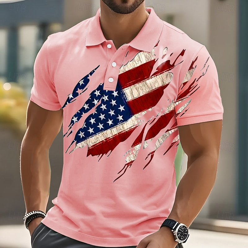 American Independence Day Men's American Flag Polo Short Sleeve Polo Shirts Collared Shirts Casual Outdoor Daily Wear 3D Print Summer White Pink Blue3