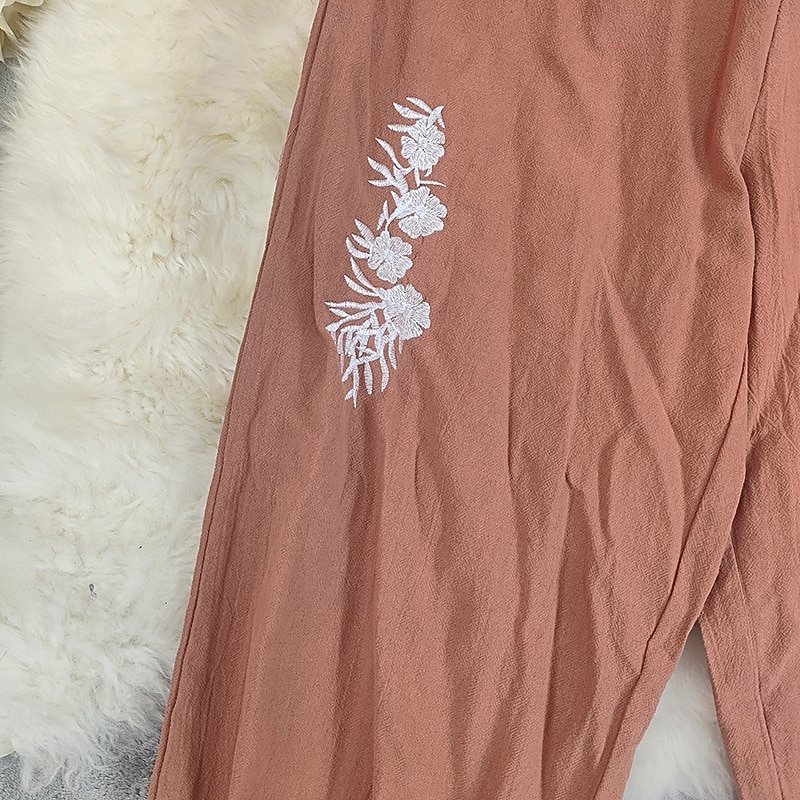Women's Cotton Linen Pants Slacks Streetwear Casual Full Length Natural Flower Pocket Elastic Waist Comfy Outdoor Comfortable Outdoor Vacation Orange red Summer Regular Fit4
