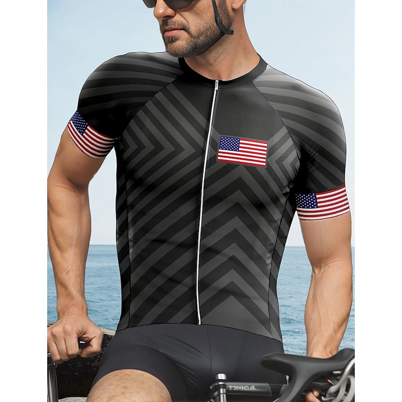 Men's Cycling Jersey Graphic Geometric Independence Day Short Sleeve Bike Tee Tshirt Jersey Top with 3 Rear Pockets UV Resistant Quick Dry Front Zipper Reflective Strips Sports Black Clothing Apparel