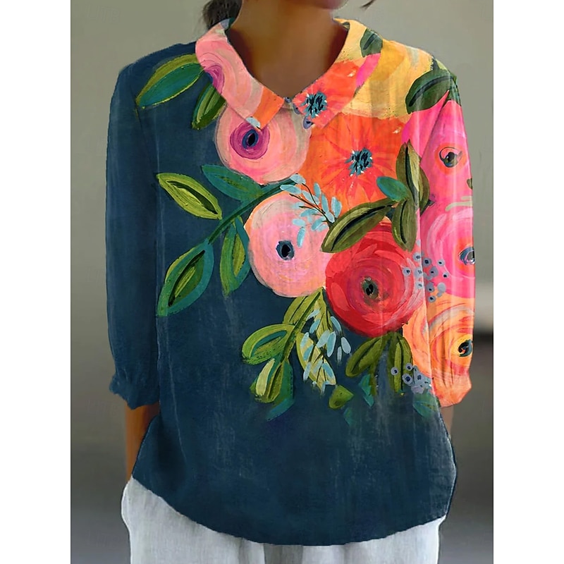 Women's Blouse Long Sleeve Peter Pan Collar Casual Floral Graphic Daily Stylish Collar Regular Tops Daily Buttons Print Blue Dusty Blue Beige Summer Spring3
