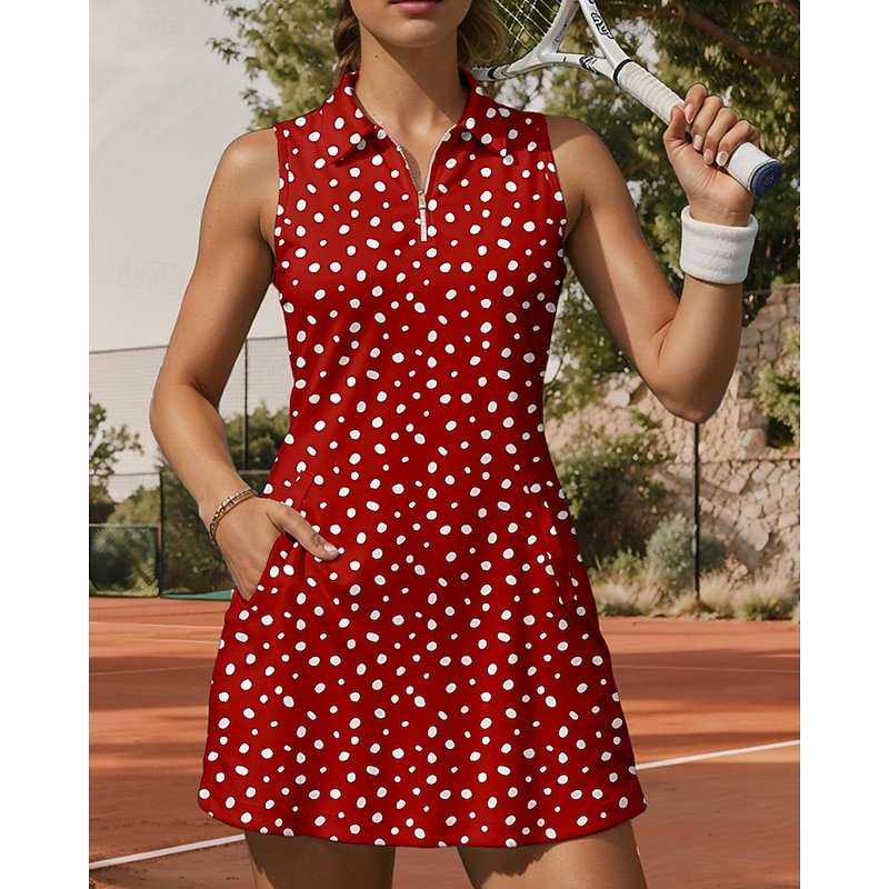 Women's Dot Tennis Dress Sports Dress Sleeveless Print Breathable Tennis Golf Badminton Polo Collar Zip Collar Dress Red Tennis Clothing